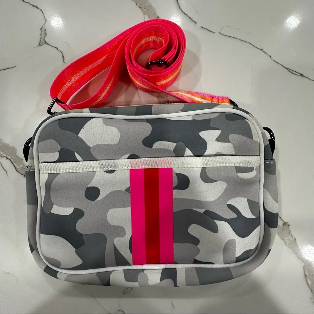 Haute Shore Neoprene Camo Crossbody w/ Neon Striped Strap - Picture 1 of 6